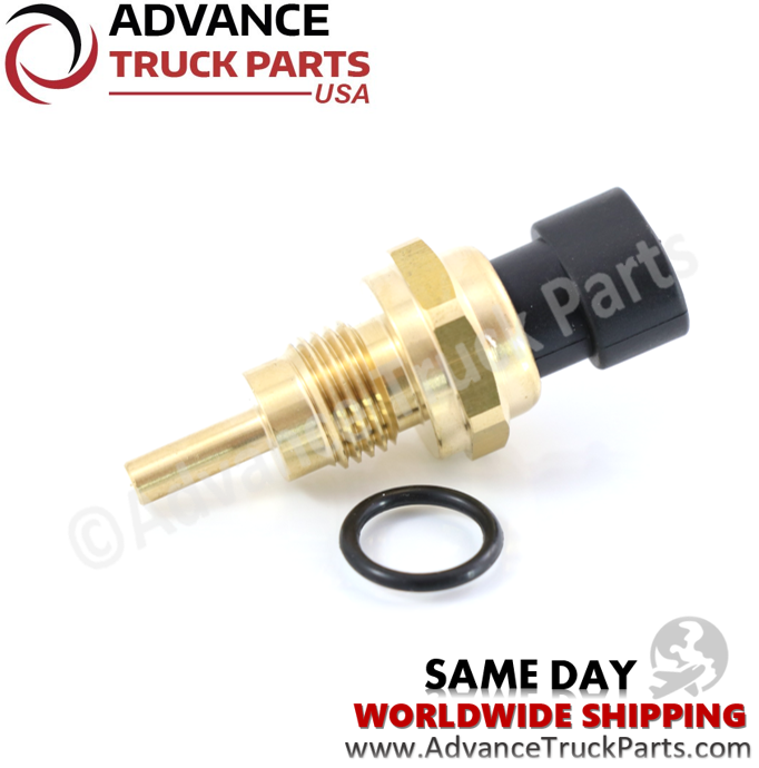 Advance Truck Parts USA replacement Cummins temperature sensor showcasing an angled studio perspective of the sensor and sealing o-ring on a branded background