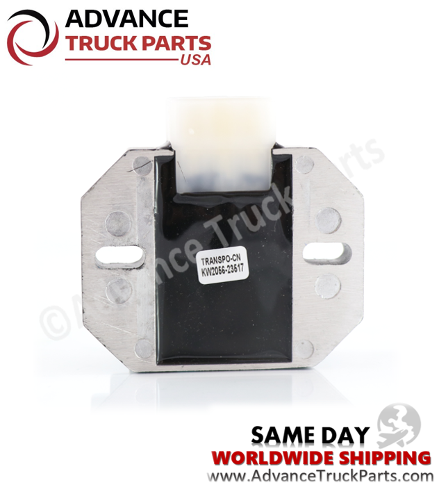 Advance Truck Parts USA branded studio rear perspective featuring the cast aluminum mounting base, sealed black potting compound, slotted mounting holes, and factory identification label of the replacement 12V voltage regulator