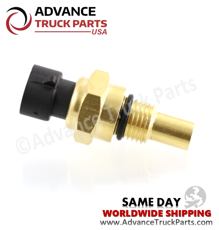 Advance Truck Parts USA branded studio horizontal perspective displaying the brass temperature sender sensor alongside its uninstalled black rubber O-ring highlighting the threaded mounting section and black plastic connector