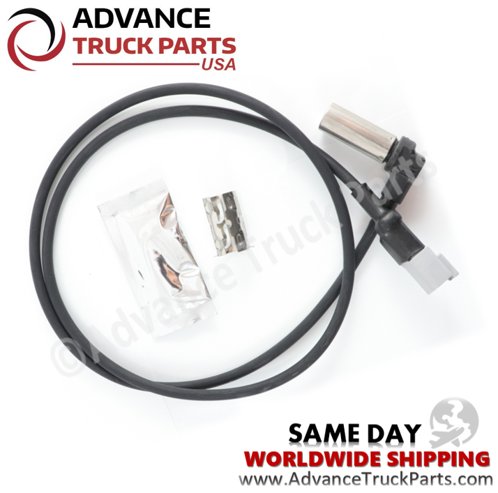 Advance Truck Parts USA overhead kit layout displaying the looped thick wire run, 90-degree sensor elbow, spring-steel mounting clip, and grease pouch