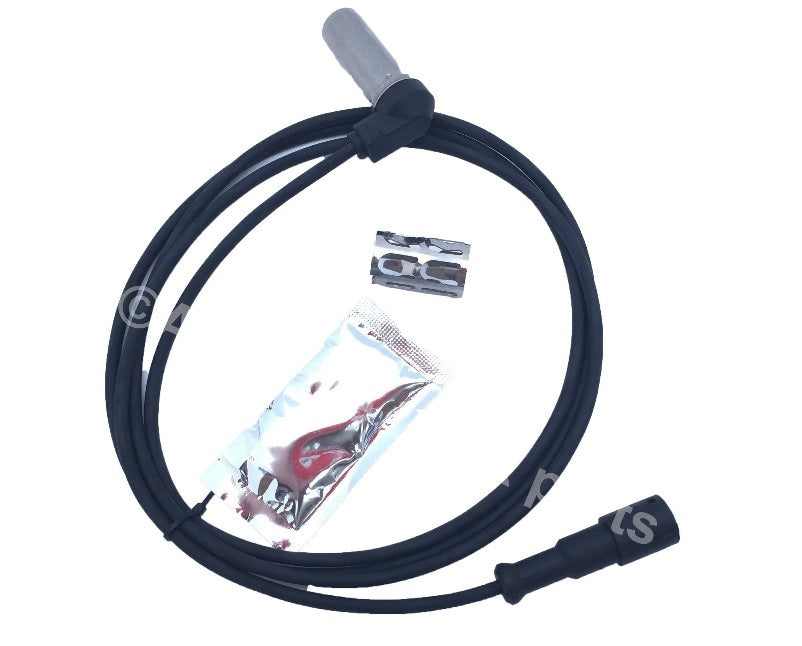 Advance Truck Parts USA right angle ABS sensor kit displaying the looped wire harness, metal sensor probe, installation clip, and grease pouch