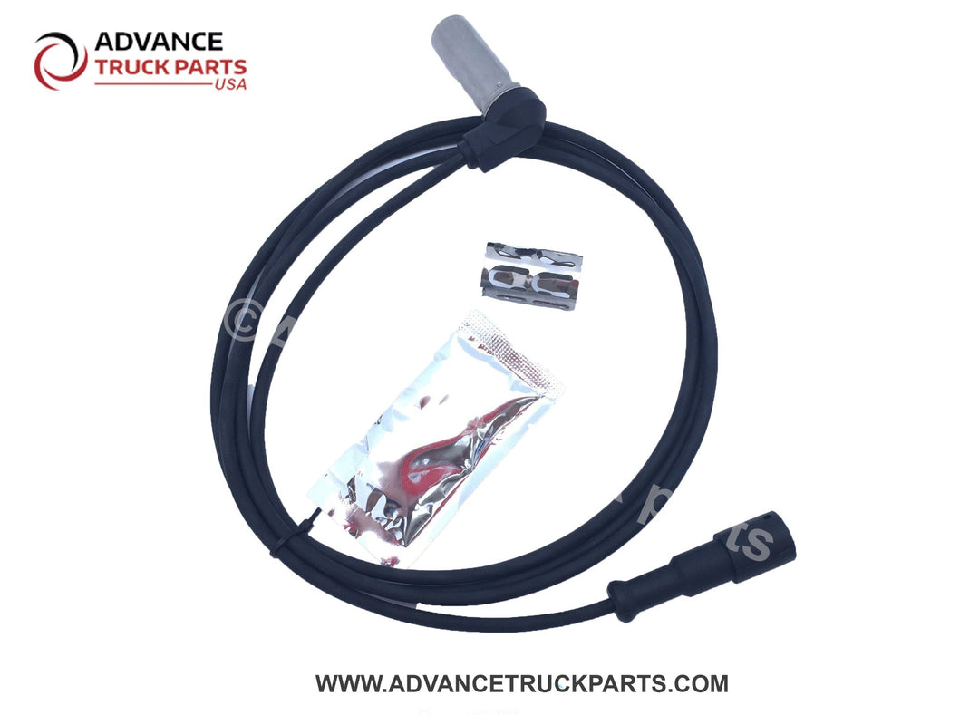 Advance Truck Parts USA right angle ABS sensor kit showing the complete assembly layout with the connector end, angled sensor tip, and bundled hardware components