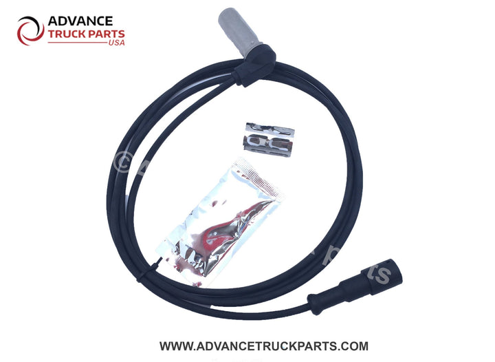 Advance Truck Parts USA right angle ABS sensor kit showing the complete assembly layout with the connector end, angled sensor tip, and bundled hardware components
