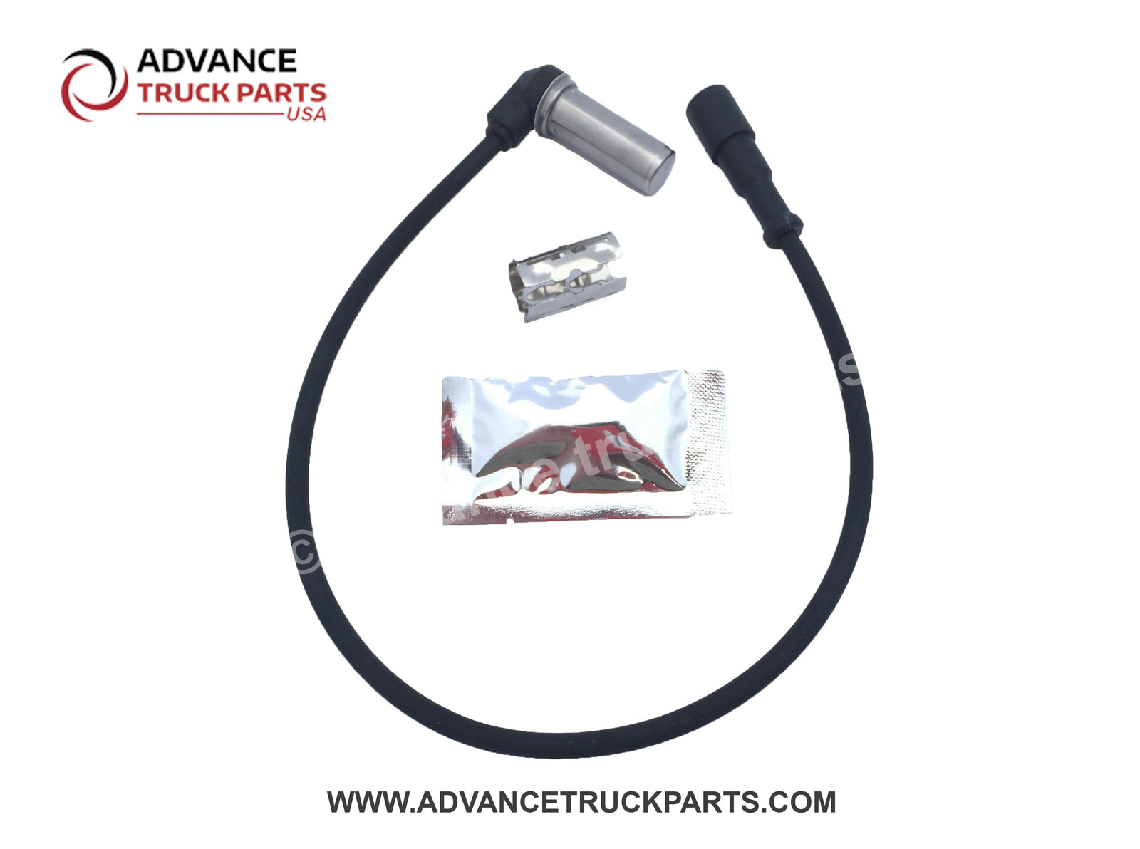 ATP right angle ABS sensor kit displaying an overhead studio layout of the complete hardware components on a branded background