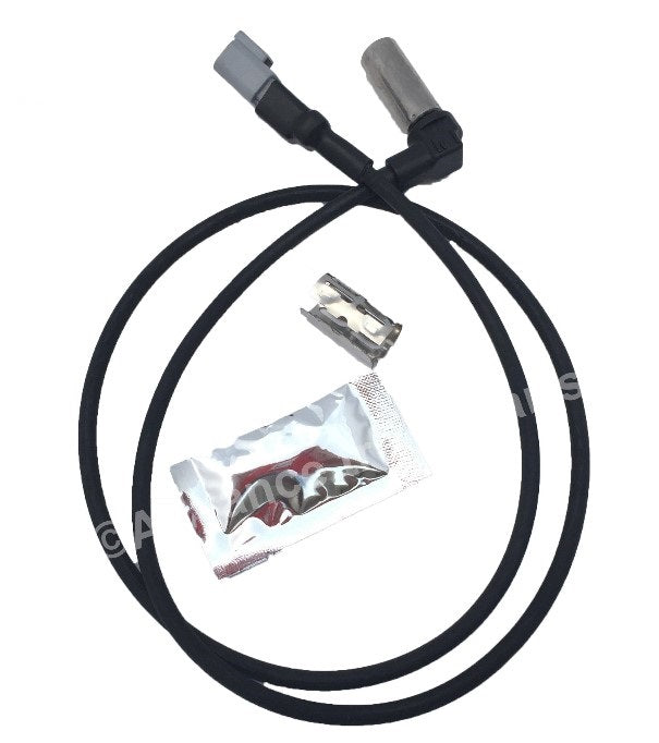 Advance Truck Parts USA right angle ABS sensor kit displaying the looped wire harness, metal sensor probe, installation clip, and grease pouch