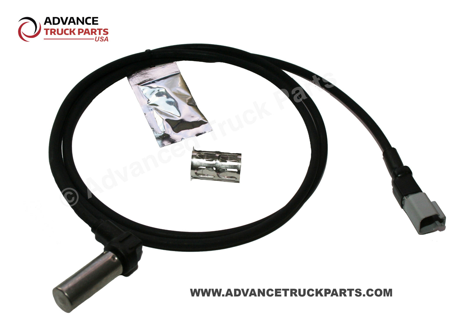 Advance Truck Parts USA right angle ABS sensor kit displaying an overhead studio view of the complete kit components