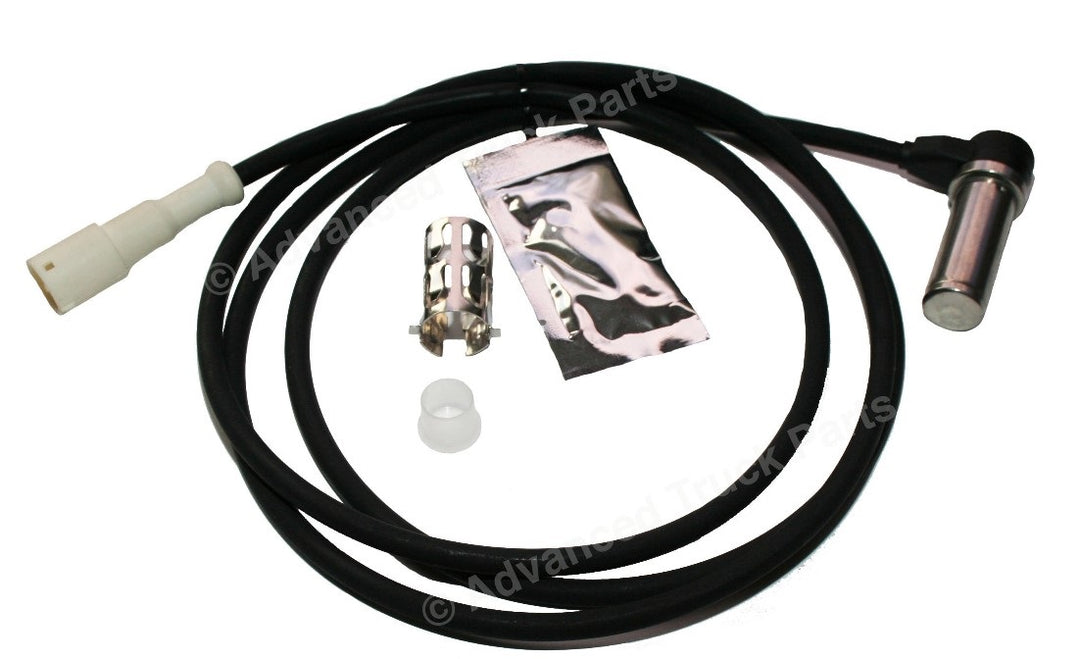 Advance Truck Parts USA isometric presentation of the metallic sensing barrel, 90-degree boot joint, white connector plug, and accompanying installation hardware