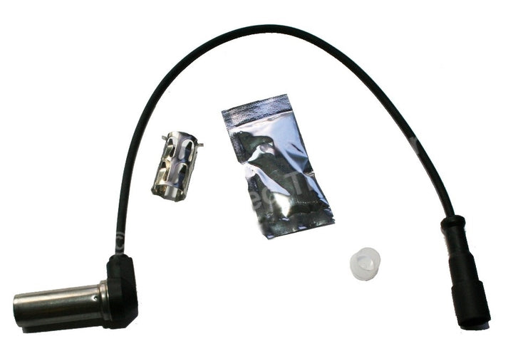 Advance Truck Parts USA right angle ABS sensor showing a studio view highlighting the stainless steel probe and connector on a branded background