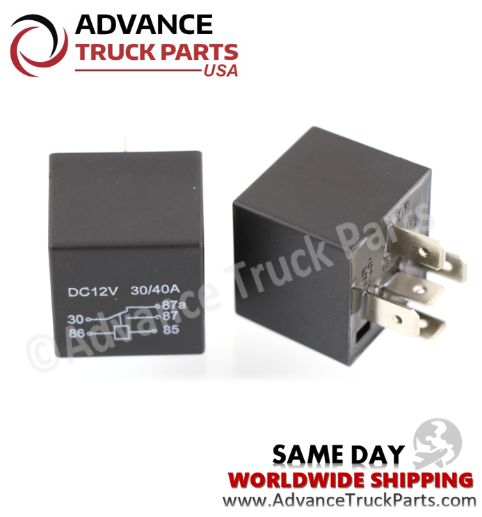 Advance Truck Parts USA branded studio perspective showcasing the 12V 30/40A sealed relay highlighting the electrical schematic print and multi-pin blade connectors