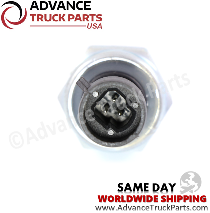 Advance Truck Parts USA branded studio close-up view highlighting the 3-pin electrical connector terminals of the pressure sensor
