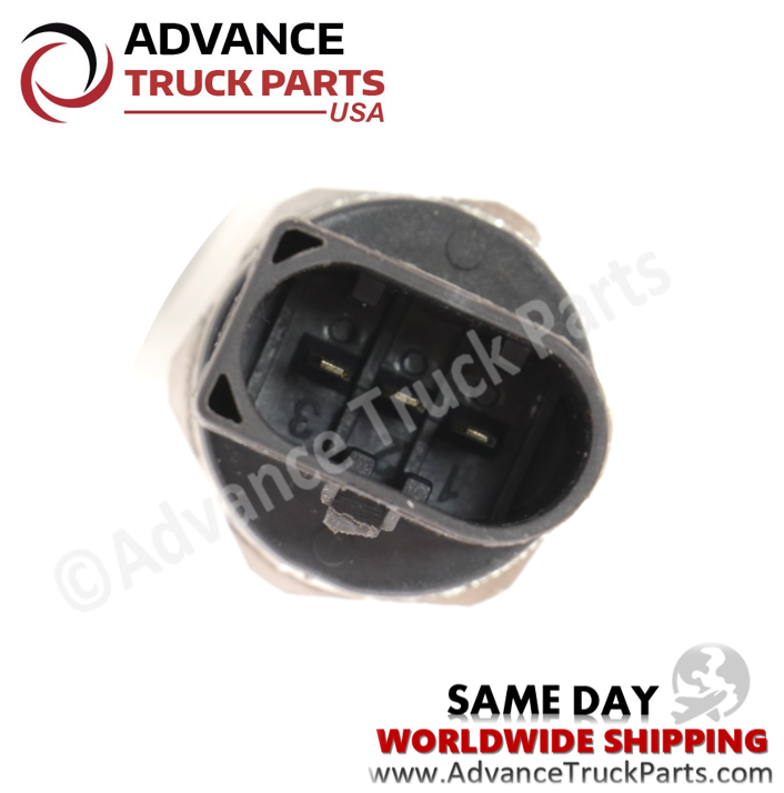 Advance Truck Parts USA branded studio close-up view highlighting the 3-pin oval connector face of the pressure sensor