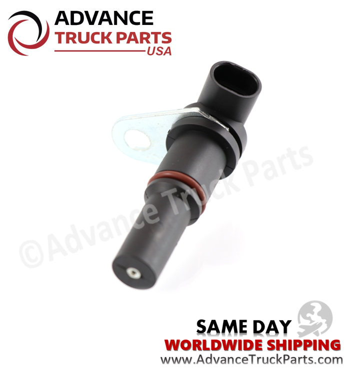 Advance Truck Parts USA branded studio angled top perspective displaying the replacement Detroit Diesel crankshaft position sensor featuring the black electrical receptacle, metallic mounting bracket, and cylindrical sensing probe