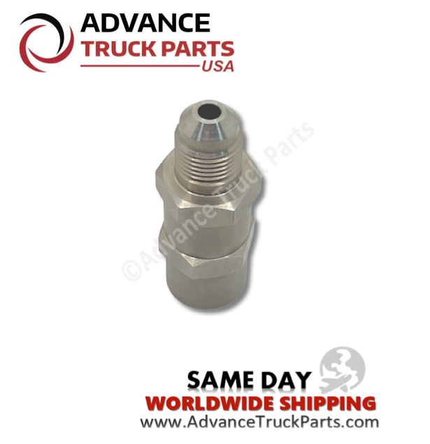 Advance Truck Parts USA branded studio vertical perspective displaying the metallic fuel check valve highlighting the stepped hex body and precision-threaded male connector end