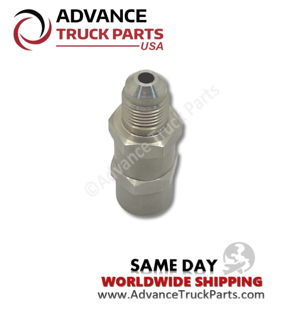 Advance Truck Parts USA branded studio vertical perspective displaying the metallic fuel check valve highlighting the stepped hex body and precision-threaded male connector end