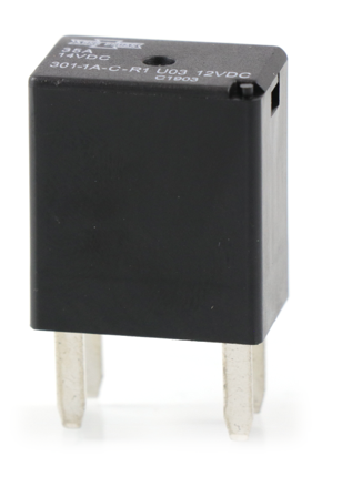 Song Chuan 301-1A-C-R1-U03-12VDC ISO 280 micro relay showing its black housing and terminal pins on a plain background