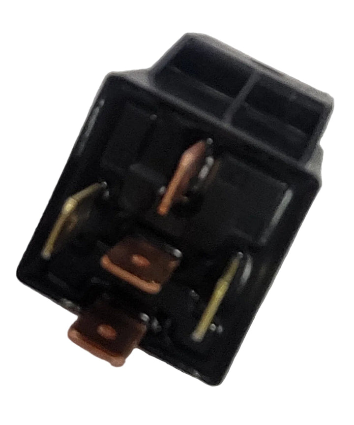 Song Chuan automotive relay displaying a close-up underside view of the five copper and brass-colored quick connect terminal blades