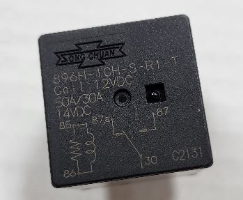 Song Chuan 896H-1CH-S-R1-T-12VDC relay top housing showing the circuit diagram, pin numbers, and specifications