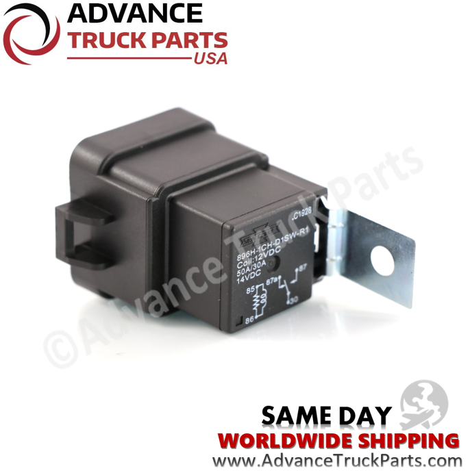 Advance Truck Parts USA branded studio angled perspective displaying the 12V automotive micro relay highlighting the black protective housing, printed wiring schematic, and metal mounting tab