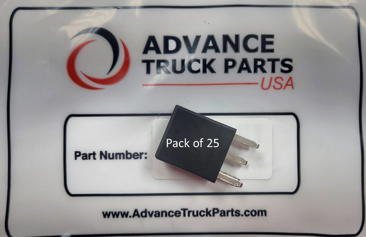 Advance Truck Parts USA branded studio overhead perspective showing a single black sealed micro automotive relay resting on its side over a branded white packaging bag featuring a &