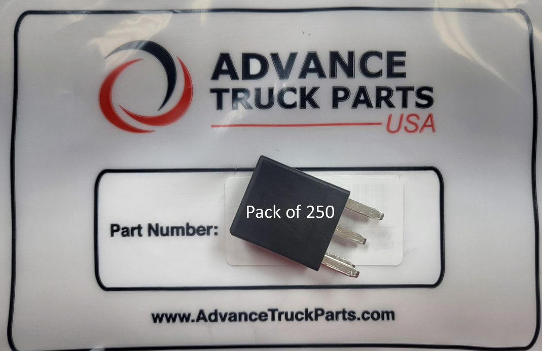 Advance Truck Parts USA branded studio overhead perspective showing a single black sealed micro automotive relay resting on its side over a branded white packaging bag featuring a &
