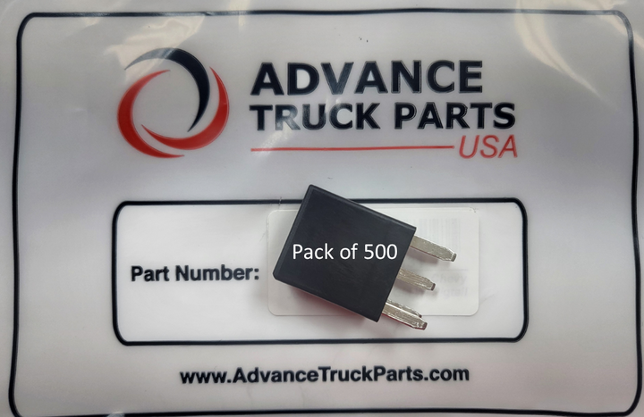 Advance Truck Parts USA branded studio overhead perspective showing a single black sealed micro automotive relay resting on its side over a branded white packaging bag featuring a &