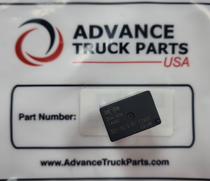 Advance Truck Parts USA branded studio overhead perspective showing the black sealed micro automotive relay resting on top of its branded white plastic packaging bag