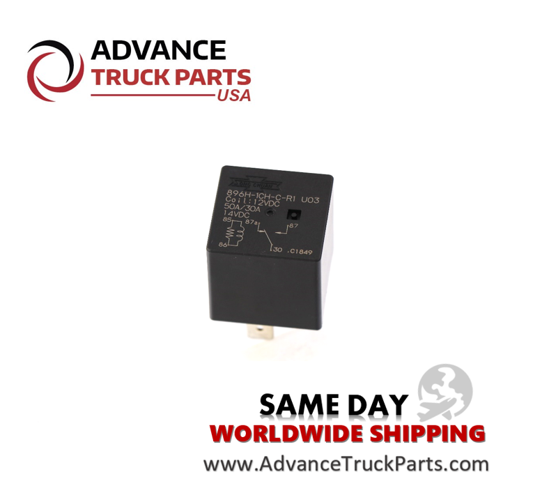 Advance Truck Parts USA branded studio top angled perspective displaying the printed 12VDC 50A specifications and 1 Form C wiring schematic on the face of the automotive relay