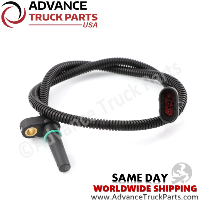 Advance Truck Parts USA branded studio close-up view displaying the internal 2-pin connector terminals and wired harness of the Cummins ISX turbo speed sensor kit