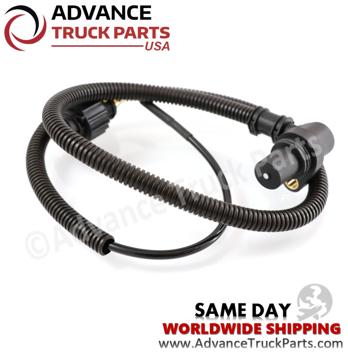 Advance Truck Parts Mack and Volvo flywheel speed sensor showcasing a studio angle of the magnetic sensing tip and mounting flange on a branded background