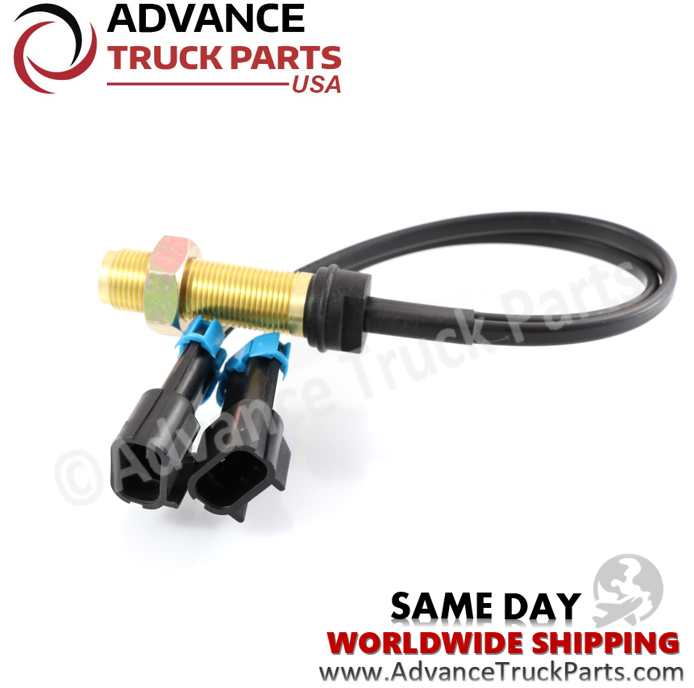 Advance Truck Parts speedometer tachometer sensor displaying a studio view highlighting the dual 2-pin connectors and wiring harness on a branded background