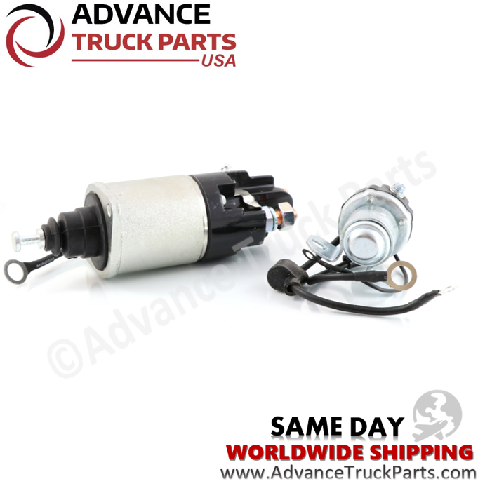 Advance Truck Parts USA starter solenoid relay kit displaying an angled studio perspective highlighting the mounting studs and electrical terminals on a branded background