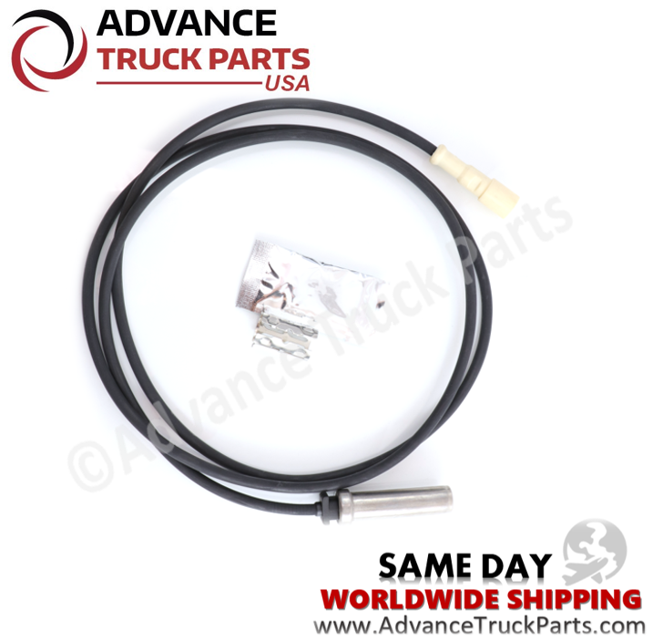Advance Truck Parts USA branded studio perspective displaying the replacement straight ABS sensor kit highlighting the 66-inch wiring harness and accessory pack on a branded background