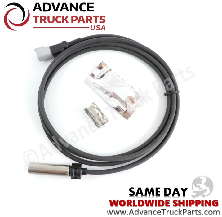 Advance Truck Parts USA branded studio top perspective showcasing the heavy-duty straight ABS sensor kit highlighting the 78-inch coiled wire, stainless sensing probe, metal installation clip, and dielectric grease packet for commercial trucks