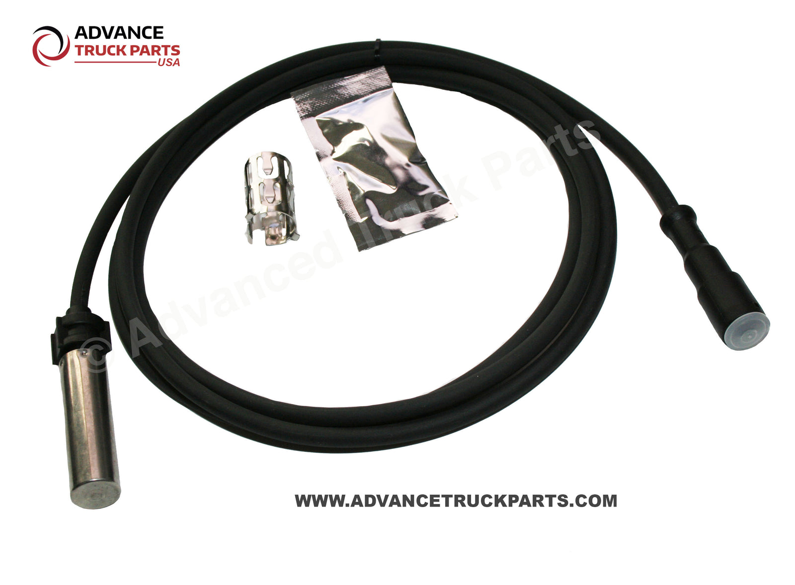 Advance Truck Parts straight ABS sensor kit displaying a top-down studio view of the sensor assembly on a branded background