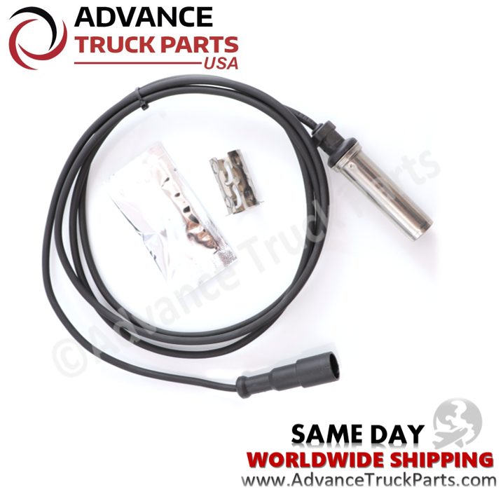 Advance Truck Parts USA straight ABS sensor kit displaying a top-down studio view of the sensor assembly and installation accessories on a branded background
