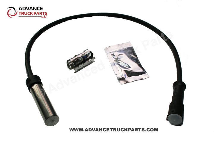Advance Truck Parts USA branded studio view of the Haldex straight ABS sensor kit featuring a 20-inch cable, dielectric grease, and clip