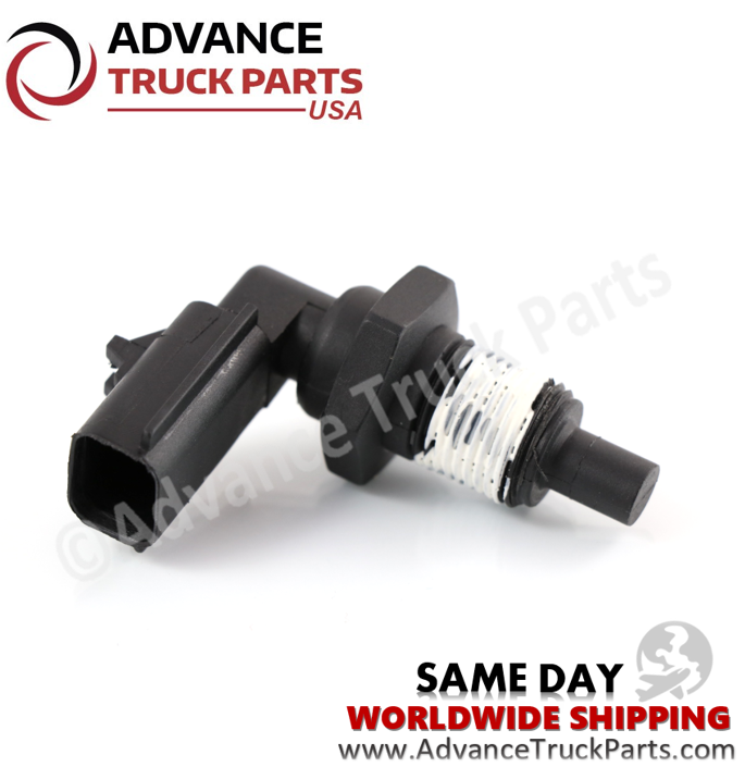 Advance Truck Parts engine temperature sensor showing an angled studio perspective of the threaded body and pre-applied thread sealant on a branded background