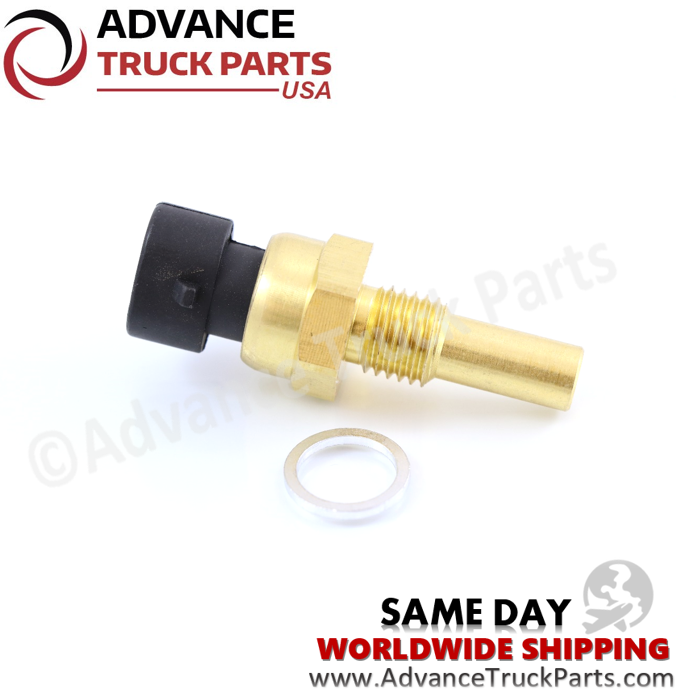 Advance Truck Parts USA side-profile perspective of the temperature sensor displaying hex nut width, tapered probe shaft, and flat metal crush washer