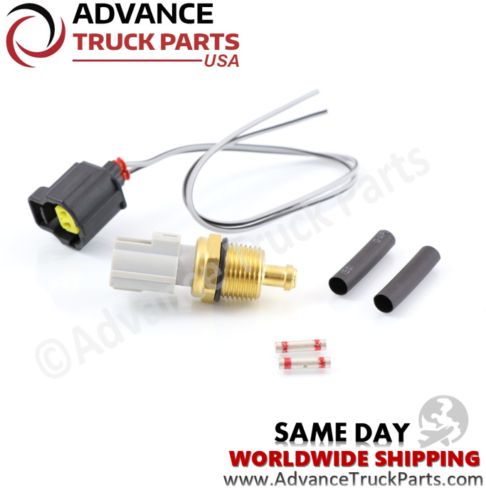 Advance Truck Parts USA branded studio alternative layout view featuring the temperature sensor, wired pigtail harness, heat shrink tubing, and connectors