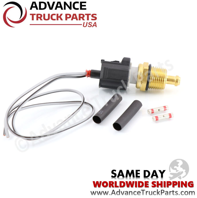 Advance Truck Parts USA branded studio overview displaying the complete temperature sensor assembly along with its matching wiring pigtail and installation hardware