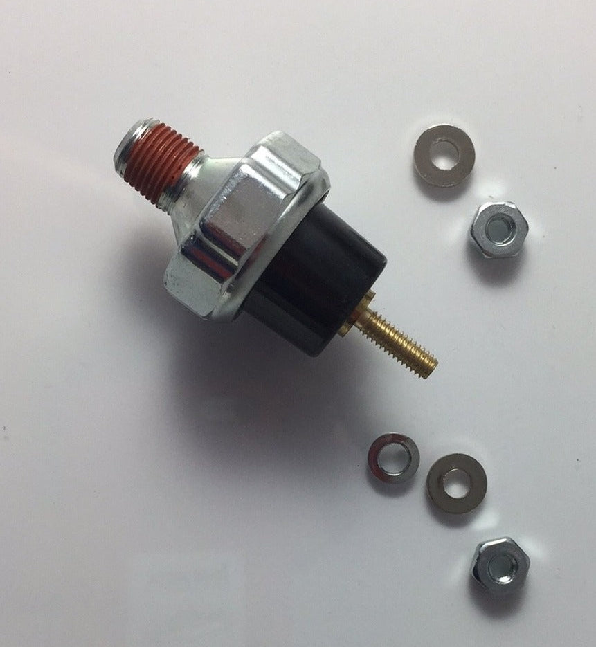 Advance Truck Parts USA 1745-2334 oil pressure switch showing a clean studio view of the switch body alongside the separate terminal nuts and washers on a plain white background