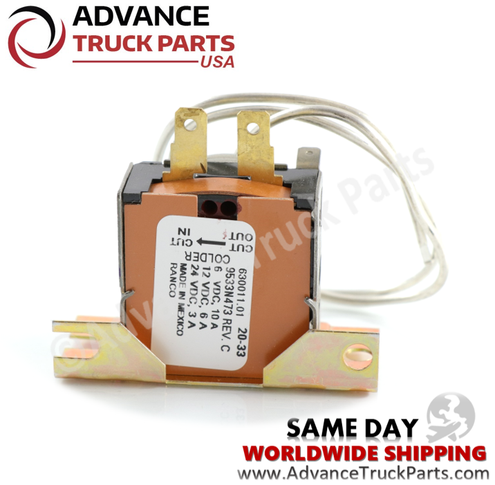 Advance Truck Parts USA thermostat switch displaying a close-up studio view of the electrical blades and printed electrical rating label 
