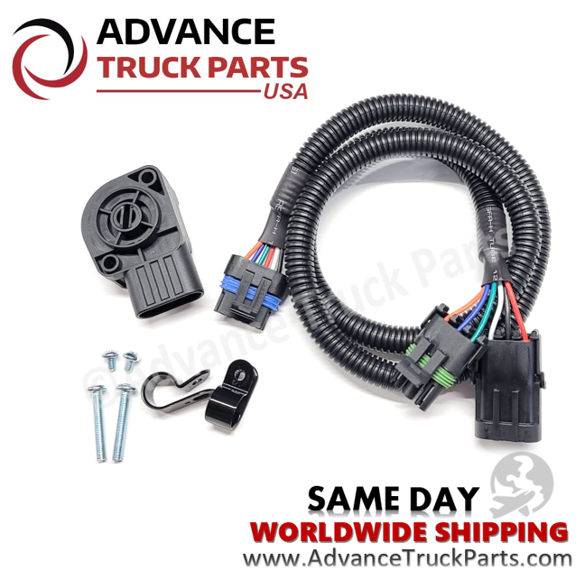 Advance Truck Parts USA flat-lay view of the throttle position kit showing electrical connector pin configurations, corrugated harness routing, mounting fasteners, and P-clamps