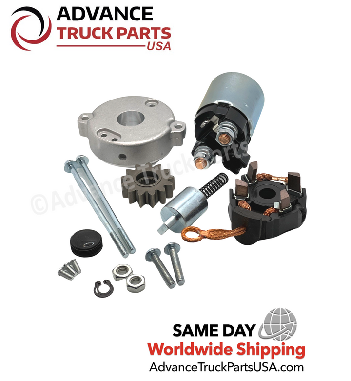 Advance Truck Parts USA branded studio angled perspective showcasing the heavy-duty PMGR starter rebuild kit highlighting the replacement solenoid, aluminum back cover, drive gear, and carbon brush assembly for Toyota vehicles