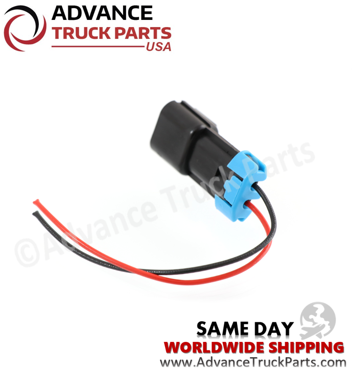 Advance Truck Parts USA studio top rear angled perspective displaying the universal 2-pin pigtail connector featuring the black protective shell, blue locking tab mechanism, and red and black bare wire connections