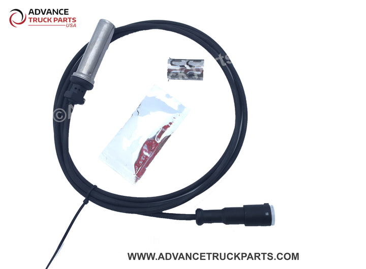 Advance Truck Parts USA straight ABS sensor kit showing an extended studio layout of the sensor probe, harness, and grease packet on a branded background
