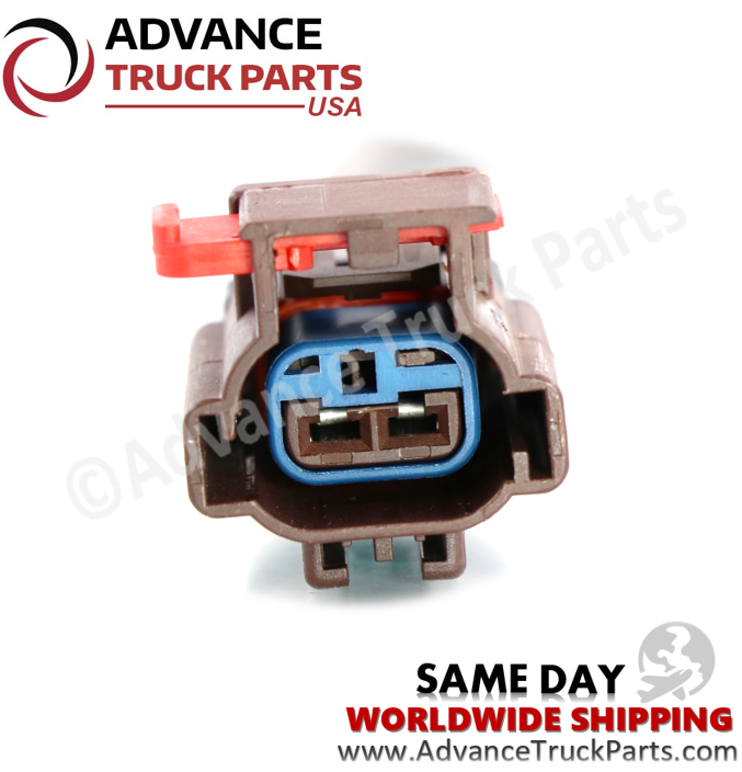 Advance Truck Parts EGT sensor close-up view highlighting the 2-pin electrical connector receptacle and locking tab on a branded background
