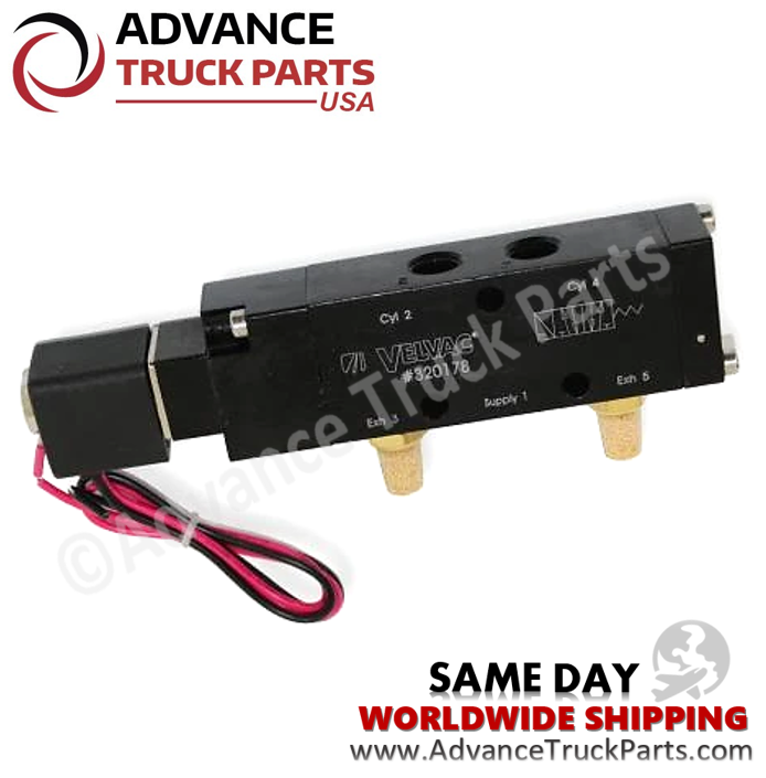 Advance Truck Parts USA Velvac 320178 air solenoid valve showing labeled 1/4 inch NPT ports and wiring leads