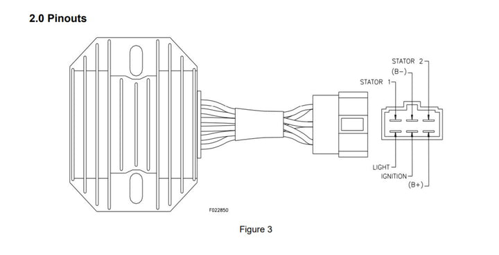 Advance Truck Parts USA Kokusan Denki voltage regulator technical line drawing illustrating the 2.0 pinout configuration and terminal layout
