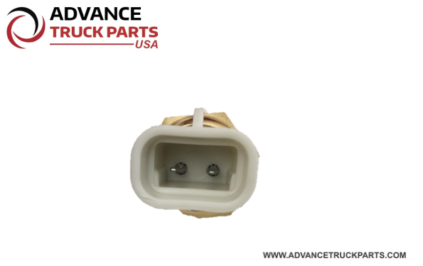 Advance Truck Parts USA coolant level sensor detail view of the white electrical connector receptacle and pins on a branded background